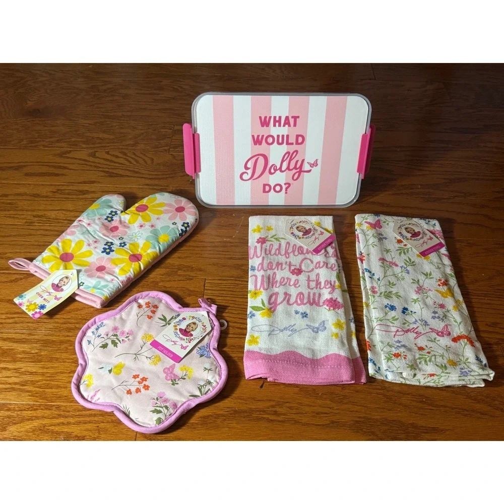 Dolly Parton Spring Collection Kitchen Accessories Lot- Tea Towel, Oven Mitt NWT